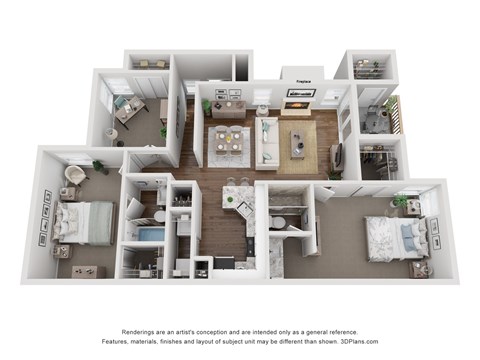 Floor plan for 3 beds, 2 baths, 1074 sqft